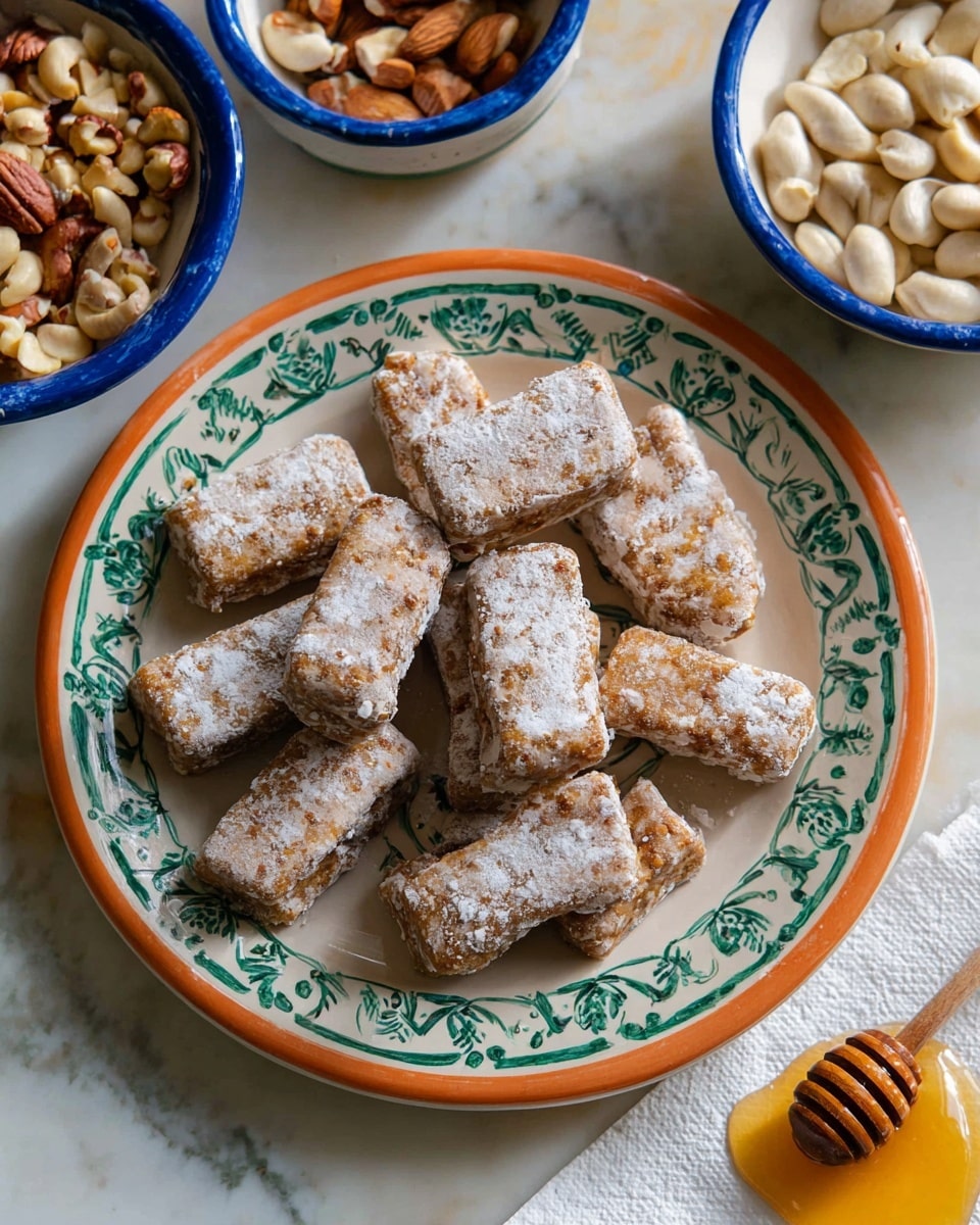 The image shows a white plate with a green and orange pattern around the edge filled with about ten rectangular, brownish treats covered unevenly with a thin, white sugar coating. The treats have a rough texture visible beneath the sugar layer. Around the plate, there is a blue-rimmed white bowl with mixed nuts in the top left corner and another blue-rimmed white bowl with large white nuts in the bottom right corner. Next to the plate, honey is dripping from a wooden honey dipper placed on a small white paper towel. The background has a white marbled texture. photo taken with an iphone --ar 4:5 --v 7