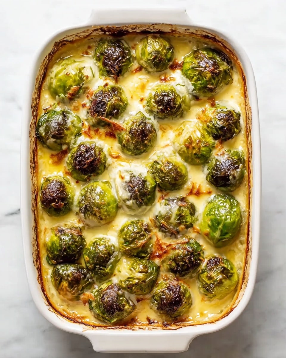 A white ceramic baking dish filled with whole Brussels sprouts covered in a rich, creamy sauce that has melted and browned slightly on the edges. The Brussels sprouts are arranged in a single layer, with each sprout showing a mix of bright green and charred dark brown tops, giving a roasted look. The creamy sauce surrounding them is thick, smooth, and golden in places where it has baked crispy around the edge of the dish. The dish sits on a white marbled surface, highlighting the warm colors and textures of the baked meal. photo taken with an iphone --ar 4:5 --v 7