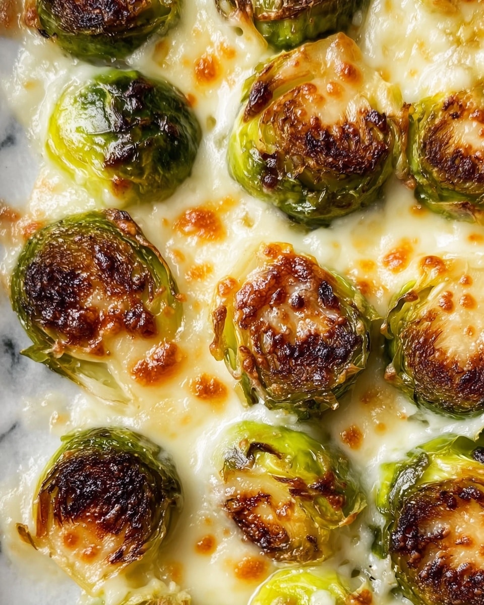 A close-up view of a dish featuring small Brussels sprouts that are cut in half and roasted until their outer leaves are deeply browned and caramelized, creating a rich dark golden to almost black crust on top. Each sprout sits in a layer of melted creamy cheese that is bubbly and slightly browned around the edges, with a shiny, soft texture underneath. The bright green and yellow hues of the sprouts contrast with the white cheese base, enhancing the visual appeal. The overall arrangement is tight, showing multiple sprouts closely packed together on a white marbled surface. photo taken with an iphone --ar 4:5 --v 7