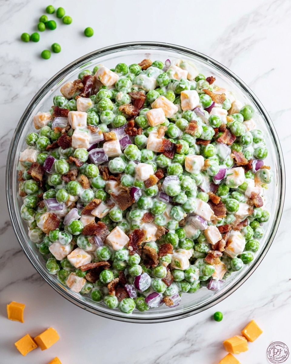 A clear glass bowl filled with a salad that has three main layers mixed together: bright green peas, small orange cheese cubes, and crispy brown bacon pieces, all coated evenly with a creamy white dressing; bits of chopped red onion add pops of dark purple color scattered throughout. The bowl is placed on a white marbled surface with a few green peas and orange cheese cubes around it. photo taken with an iphone --ar 4:5 --v 7