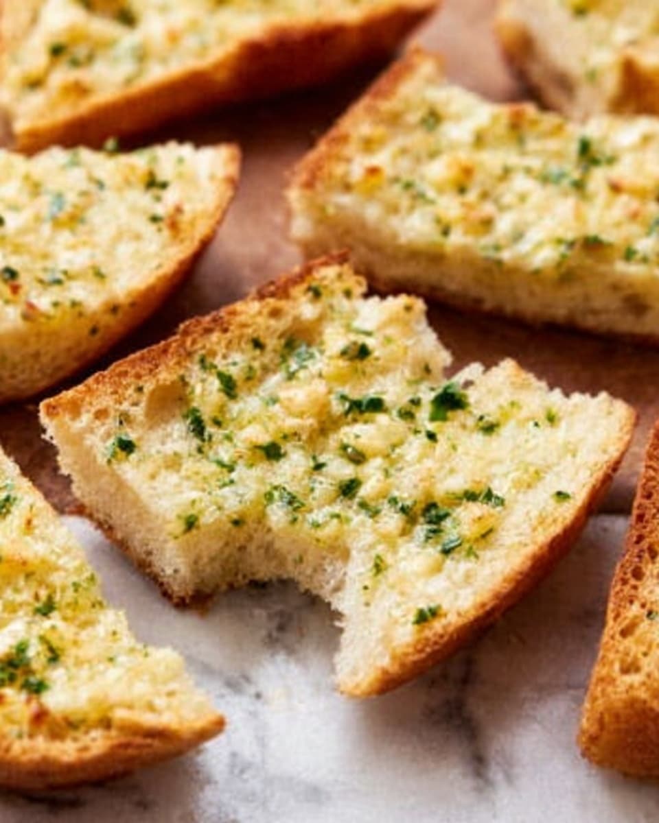 The image shows several pieces of garlic bread on a surface with a white marbled texture. The bread is light golden brown with a slightly crispy crust. Each piece has a thick layer of melted butter mixed with finely chopped green herbs and small bits of garlic spread evenly on top. One piece has a bite taken out, showing the soft and airy inside of the bread. The texture of the garlic and herbs looks moist and fresh, covering the bread surface well. Photo taken with an iphone --ar 4:5 --v 7