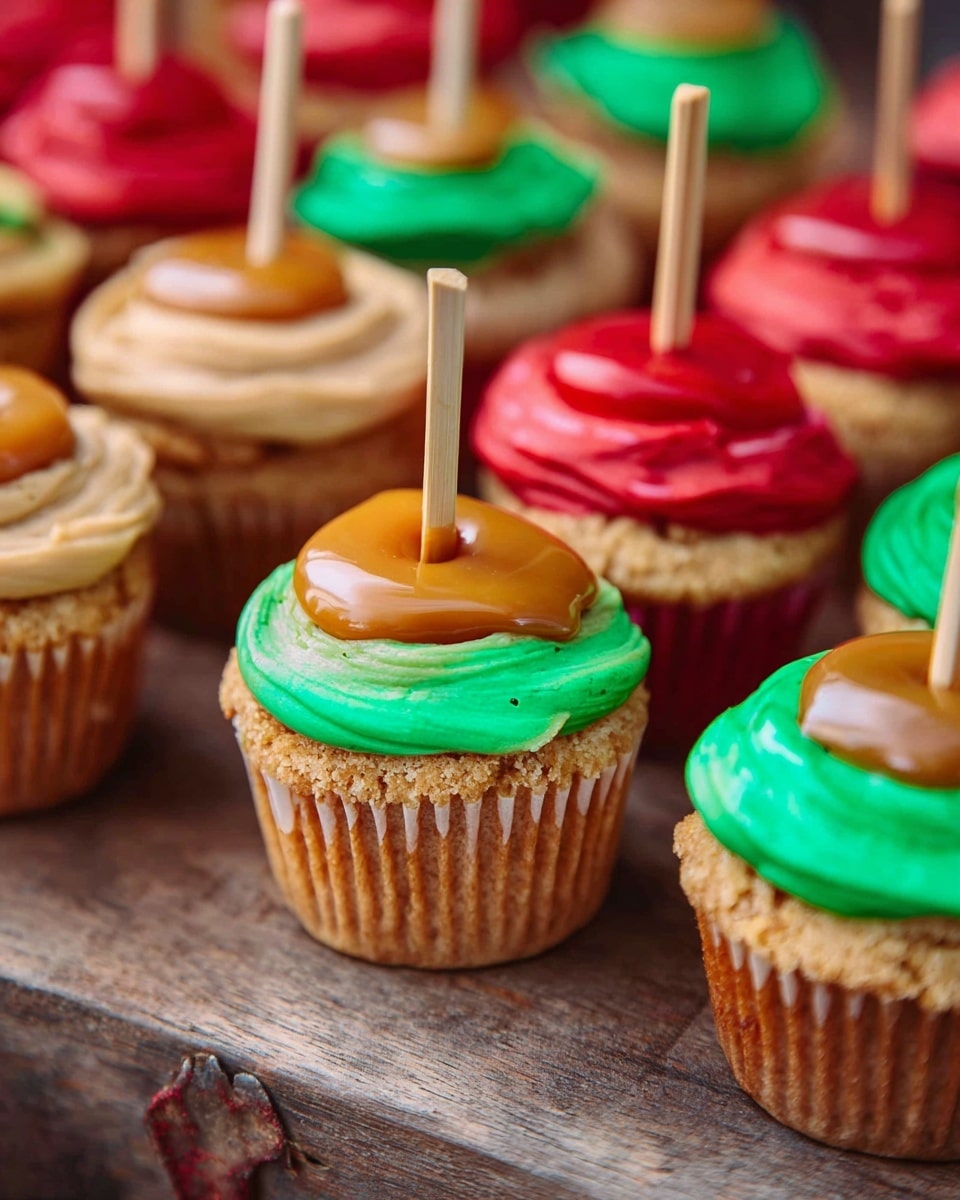 The image shows several cupcakes arranged on a wooden surface. Each cupcake has one layer of light brown cake topped with a layer of smooth, colorful frosting in shades of bright red or green. On top of the frosting, there is a dollop of shiny caramel sauce. Each cupcake also has a thin wooden stick inserted in the center. The frosting layers have a creamy and slightly glossy texture, while the cake looks soft and crumbly. Photo taken with an iphone --ar 4:5 --v 7