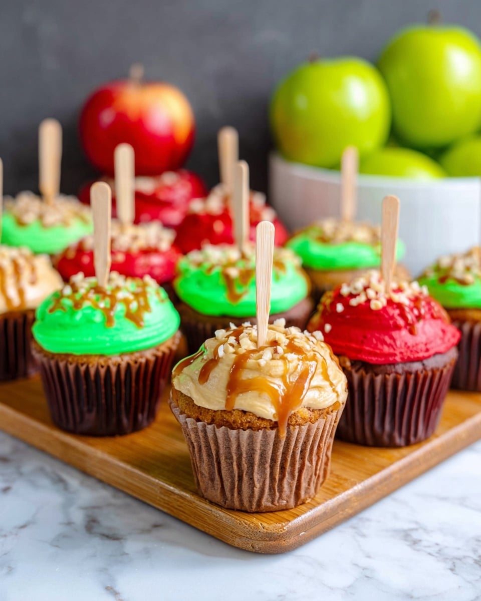 The image shows a group of cupcakes placed on a wooden board against a white marbled surface. Each cupcake has a bottom cake layer, some light brown and others dark brown. On top of the cake layer is a colorful frosting layer in bright green or red. A shiny caramel drizzle is spread over the frosting, adding a golden-brown top layer. Some cupcakes have chopped nuts sprinkled on top over the caramel. Each cupcake has a wooden stick inserted in the middle, standing straight. In the background, there are several shiny green apples in a white bowl. Photo taken with an iphone --ar 4:5 --v 7