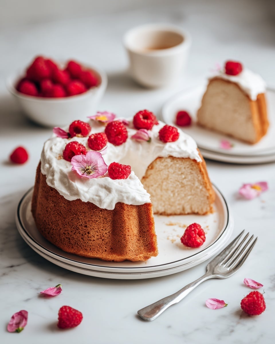 This image shows a light brown bundt cake with a thick layer of white whipped cream on top, decorated with bright red raspberries and small pink flower petals. The cake is cut into slices, revealing a soft and airy white inside. Two cake slices are placed on white plates with simple black lines along the edges, sitting on a white marbled surface. In the background, there is a small white bowl filled with more raspberries. The scene has a fresh, clean look with soft natural light. photo taken with an iphone --ar 4:5 --v 7