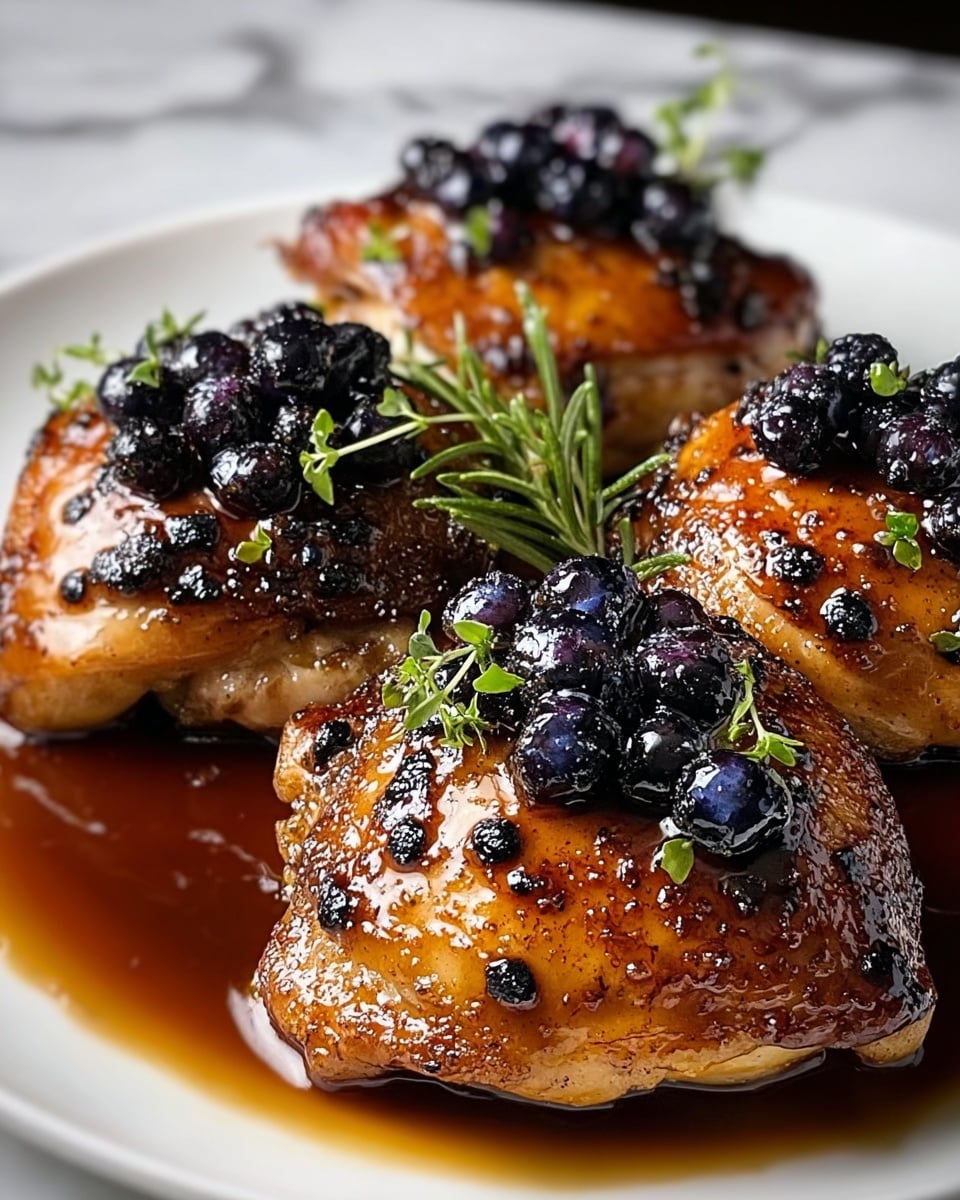 Three browned chicken thighs with a shiny glaze are placed on a white plate. Each piece has small dark charred spots on the skin and is topped with dark purple berries and small green herb sprigs. The chicken sits in a pool of thick, glossy brown sauce that reflects light. The background shows a white marbled texture. photo taken with an iphone --ar 4:5 --v 7