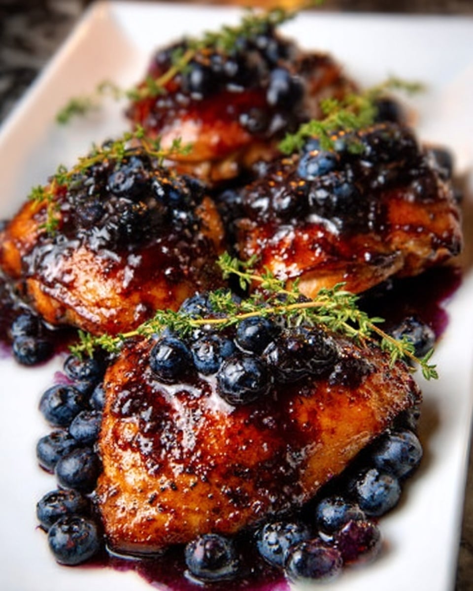 The image shows four pieces of grilled chicken thighs arranged closely on a white rectangular plate. Each piece is covered in a dark, glossy sauce with a rich purple tint, dripping slightly and topped with plump, fresh blueberries scattered on and around the chicken. Small green herb sprigs, likely thyme, rest on top of the chicken pieces, adding a touch of freshness. The chicken skin looks crispy and browned, contrasting with the smooth and shiny blueberry glaze. The background is a white marbled surface, softly blurred to focus on the juicy details of the dish. Photo taken with an iphone --ar 4:5 --v 7
