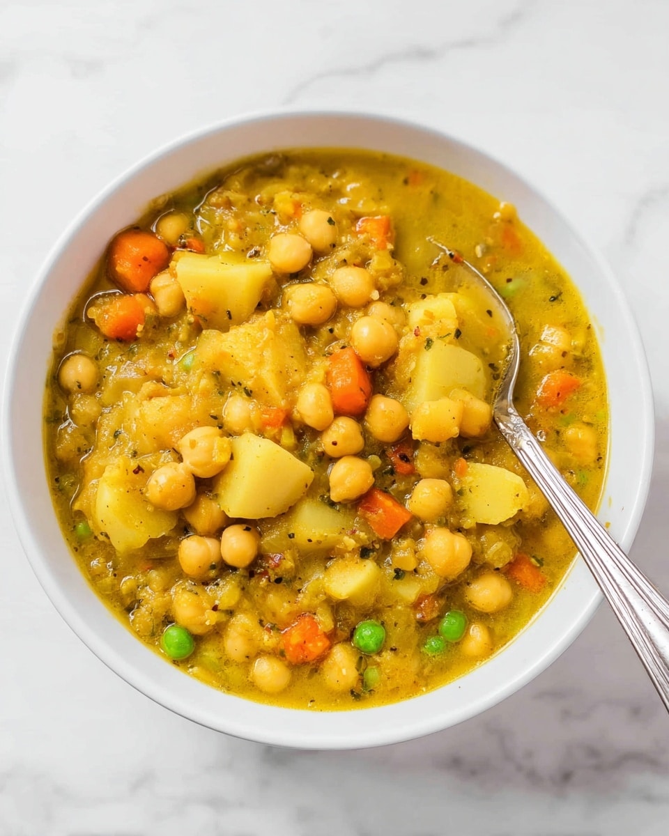 A white bowl filled with a thick stew showing three main layers: the bottom layer is a yellowish, slightly oily broth mixed with soft potato chunks, bright orange carrot pieces, and scattered green peas, creating a colorful and hearty mix. Above this is a dense layer of plump chickpeas spread evenly, adding a round texture and creamy beige color. Small bits of cooked herbs and spices are visible, giving the stew a rich, mixed texture. A silver spoon rests inside the bowl on the right side, partially submerged in the stew. The bowl is placed on a white marbled surface. photo taken with an iphone --ar 4:5 --v 7
