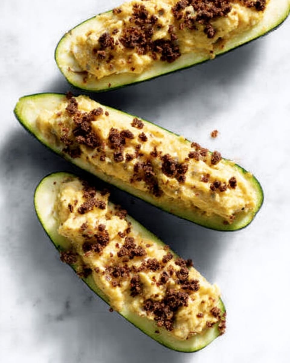 The image shows three halves of stuffed zucchini arranged on a white marbled surface. Each zucchini half is filled with a creamy, light yellow mixture that looks soft and slightly chunky. The filling is topped with dark brown crumbs or small pieces scattered unevenly, adding texture and contrast. The zucchini skin is green and smooth, providing a natural, fresh look to the dish. The light and shadows emphasize the softness of the filling and the freshness of the zucchini. Photo taken with an iphone --ar 4:5 --v 7