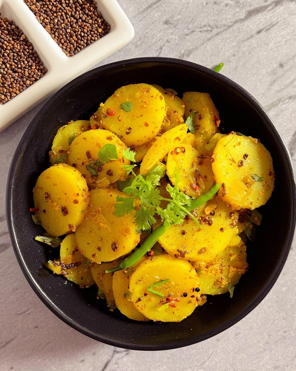 The image shows a black bowl filled with several layers of cooked potato slices, each slice having a yellow color with specks of spices like cumin seeds and chili flakes scattered throughout. The potato slices are irregularly shaped and evenly coated with a mix of oil and spices, giving them a slightly shiny texture. Small pieces of green chili and a sprig of fresh green coriander leaf are placed on top, adding a fresh element. The bowl is placed on a white marbled surface, and to the top left, there is a white divided condiment dish with brown seeds inside. photo taken with an iphone --ar 4:5 --v 7
