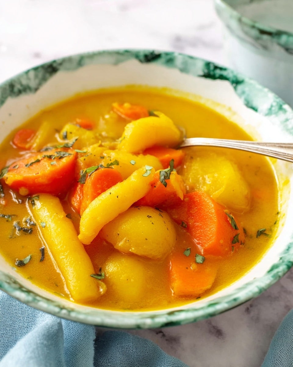 A close-up of a bowl of thick yellow-orange stew filled with chunky pieces of carrots, potatoes, and pale yellow finger-shaped vegetables. The stew has a smooth, slightly glossy texture with some fresh green herbs sprinkled on top. The food is served in a white bowl with green marbled edges, sitting on a white marbled surface. A silver spoon rests inside the bowl, and a soft blue cloth is casually placed in the background. Photo taken with an iphone --ar 4:5 --v 7