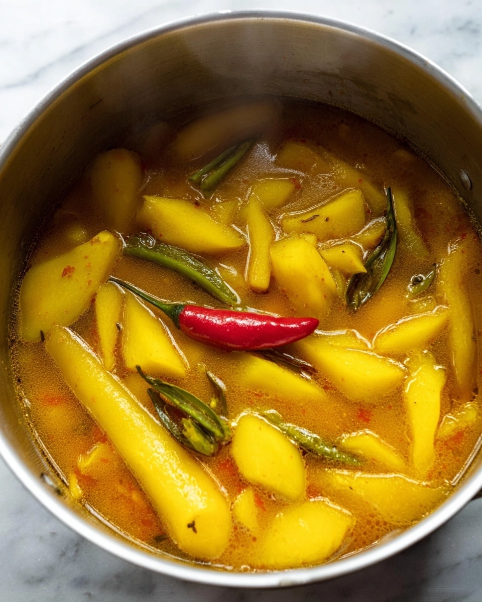 The image shows a close-up of a pot filled with a yellow-orange stew-like dish. Inside the pot, there are several soft, irregularly shaped chunks of a yellow root vegetable, some longer yellow pods, and a single whole bright red chili pepper resting on top. There are also a few green stalks scattered throughout the stew. The liquid has a slightly thick, oily texture and a warm golden hue. Steam rises gently from the surface, creating a sense of heat. The pot is metallic and shiny, sitting on a white marbled surface. Photo taken with an iphone --ar 4:5 --v 7