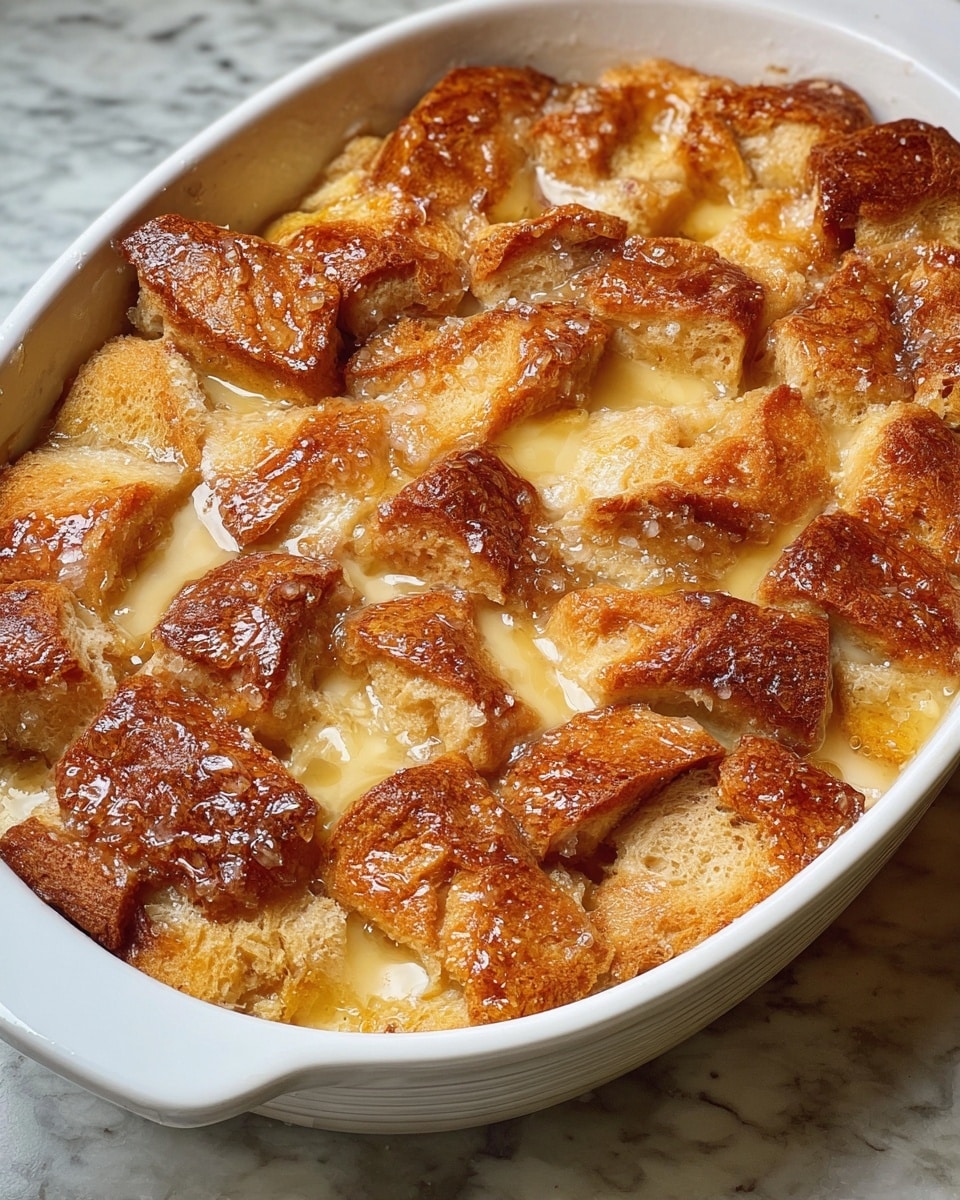 The image shows a white ceramic baking dish filled with a bread pudding. The bread pieces are golden brown with a shiny, slightly sticky glaze on top, some showing a light crust. The pieces are uneven in size and rounded, arranged closely together but not in perfect rows, giving a rustic look. The custard mixture is visible between the bread pieces, showing a creamy texture with hints of melted butter and sugar crystals on the surface. The baking dish is placed on a white marbled textured surface. photo taken with an iphone --ar 4:5 --v 7