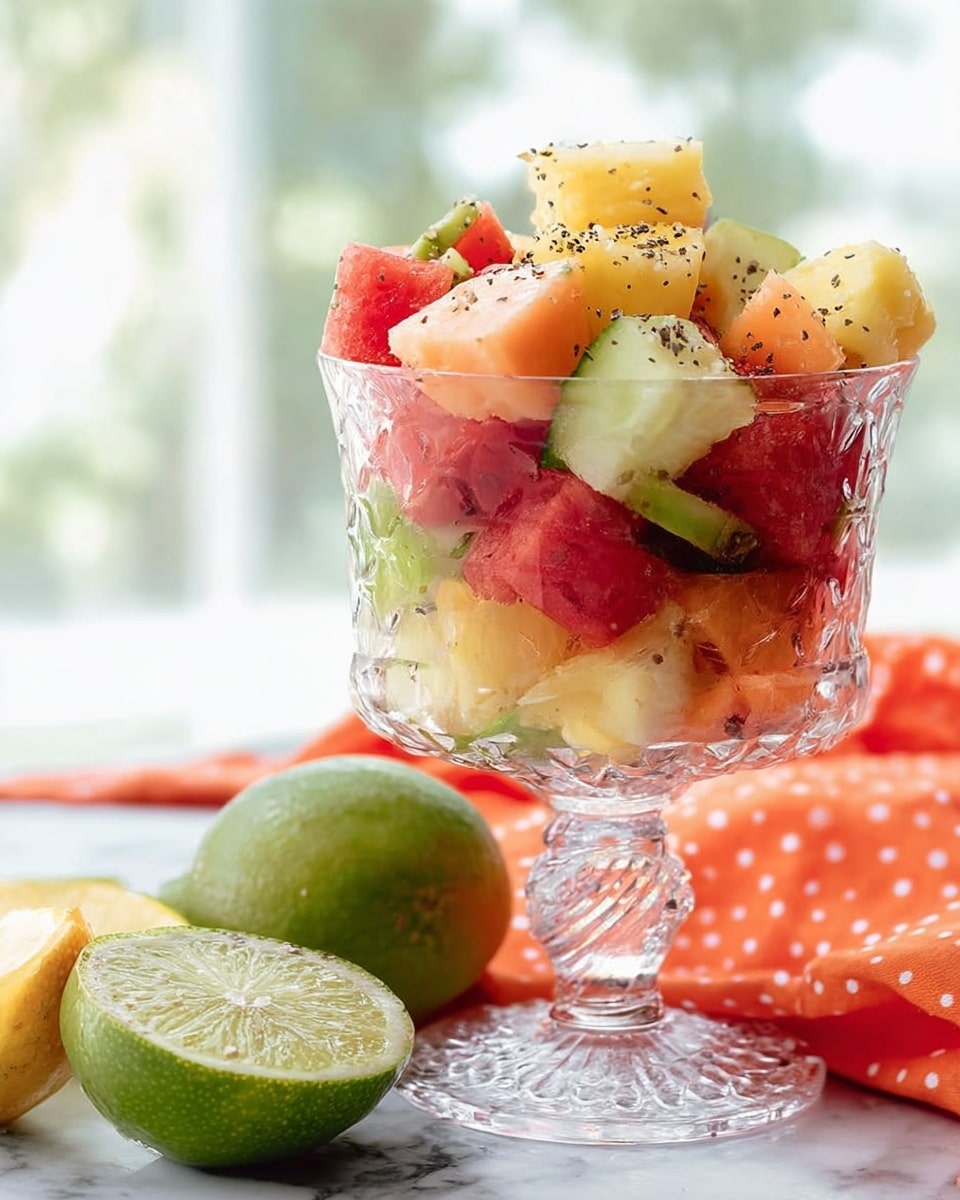A clear textured glass dessert cup filled with a colorful fruit salad, showing about three layers of fruit pieces: red watermelon cubes, yellow pineapple chunks, green cucumber pieces, pale orange cantaloupe cubes, and lime wedges scattered through. The fruits have a light sprinkling of black seasoning on top. The cup stands on a white marbled surface, with halved limes placed near the base surrounded by an orange cloth with white polka dots. Bright natural light comes from a blurred window in the background, creating a fresh and vibrant look. photo taken with an iphone --ar 4:5 --v 7