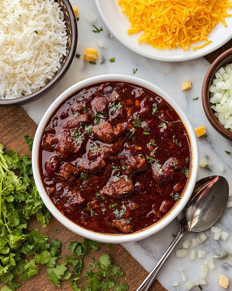 A white bowl filled with thick, dark red chili with chunks of beef and bits of green herbs on top sits on a white marbled texture. Surrounding the bowl, there is a white bowl of fluffy white rice at the bottom left, a white bowl of chopped white onions at the bottom right, and a white plate with shredded yellow cheddar cheese at the top left. Fresh green cilantro leaves and small pieces of cheese and onion are scattered around on the surface. A metal spoon is placed next to the chili bowl. Photo taken with an iphone --ar 4:5 --v 7