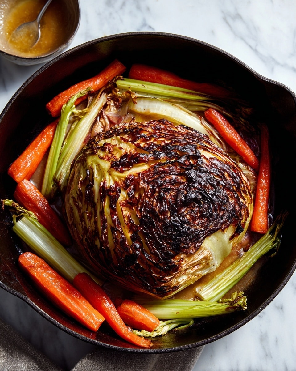 A large round cabbage head is roasted to a dark brown and golden crispy texture on the outside, showing charred leaf edges and glossy caramelized spots. Surrounding the cabbage, there are thick carrot sticks in a bright orange color, and celery sticks in light green with slight browning from roasting. All ingredients rest closely together in a skillet, which contrasts with the bright colors of the vegetables and the dark caramelized cabbage. The background is a white marbled texture. photo taken with an iphone --ar 4:5 --v 7