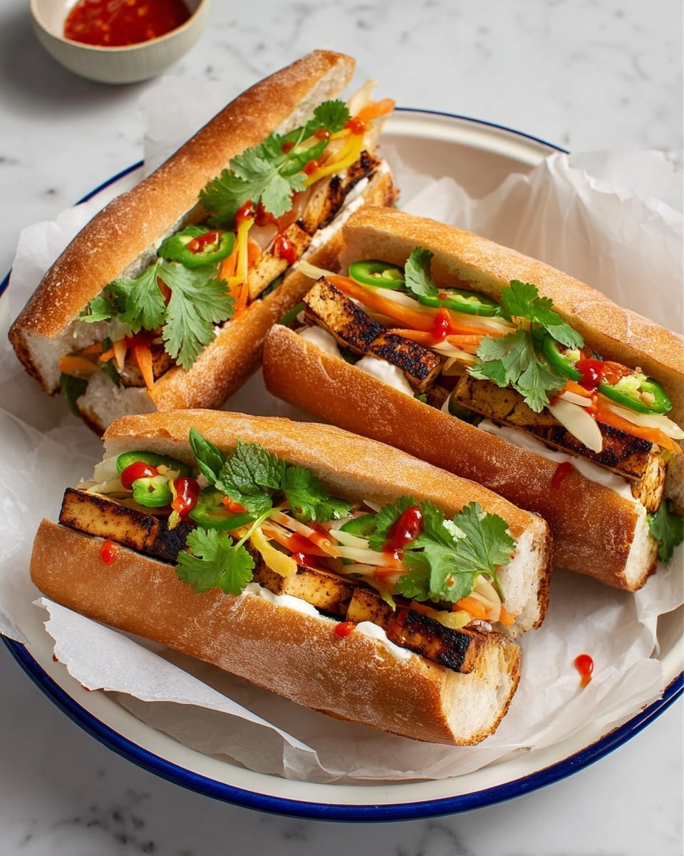 The image shows three sandwiches placed closely together on white parchment paper inside a white plate with a blue rim, all set on a white marbled surface. Each sandwich has a crispy, golden-brown crust baguette sliced open to reveal layers inside. The bottom layer includes grilled tofu blocks with a slight char, topped by a spread of white mayonnaise. Above that sits fresh, thin slices of pickled vegetables in orange, yellow, and white colors, followed by sliced green jalapeños and fresh green cilantro leaves. Red drizzle of hot sauce is scattered over the top layer adding a bright contrast. Photo taken with an iphone --ar 4:5 --v 7