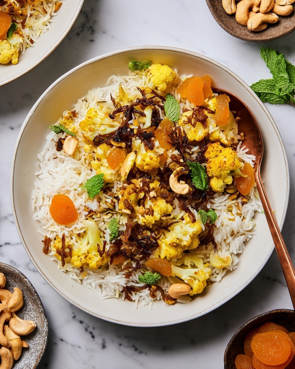 The image shows a white bowl filled with two layers of long-grain rice, one plain white and the other light yellow, mixed with chunks of light yellow spiced cauliflower scattered throughout. On top, there are thin dark brown caramelized onion strips, small pieces of bright orange dried apricots, and a few whole mint leaves adding a fresh green accent. Crushed light brown cashews are sprinkled over everything, adding a crunchy texture. A copper spoon rests inside the bowl on the right side, with the bowl set on a white marbled surface. Around the bowl are small side dishes with dried apricot pieces, cashews, and fresh mint leaves. Photo taken with an iphone --ar 4:5 --v 7