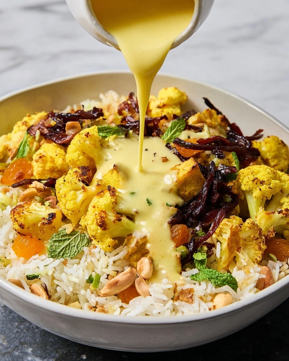 A close-up of a white bowl filled with fluffy white and yellow basmati rice as the base layer, topped with chunks of golden yellow curried cauliflower and tofu pieces. Dark brown caramelized onion strips are scattered over the top, along with small bright green fresh mint leaves and chopped light brown nuts. Small pieces of orange dried apricots add color contrast throughout. A creamy yellow sauce is being poured over the dish from above, creating a smooth, rich texture over the vibrant layers. The bowl is set against a white marbled textured surface. photo taken with an iphone --ar 4:5 --v 7