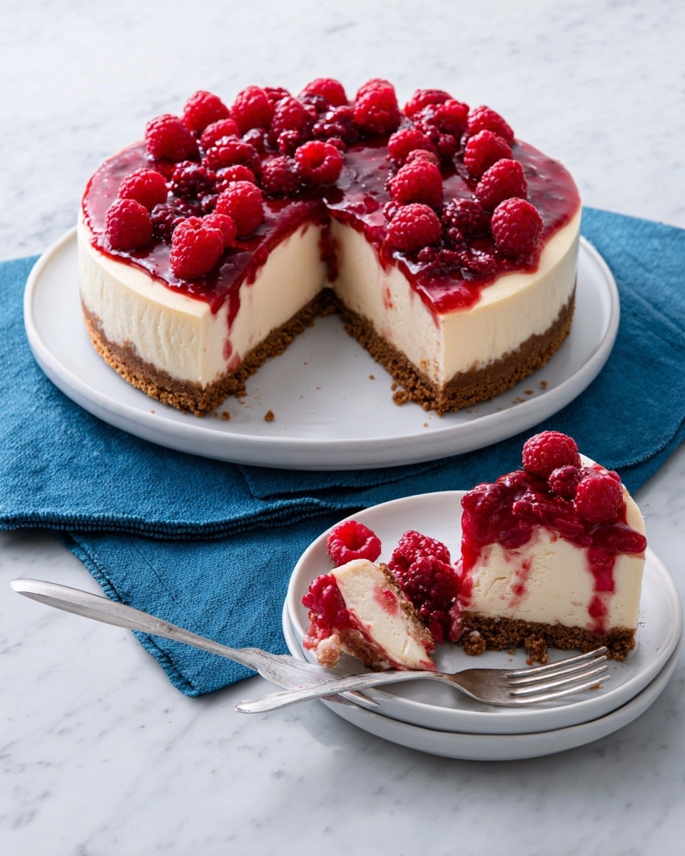 A creamy cheesecake with three distinct layers is shown on a white marbled surface. The bottom layer is a thick, crumbly brown crust, the middle layer is a smooth, pale cream cheese filling, and the top layer is a glossy deep red raspberry sauce with whole raspberries scattered across. One large cheesecake sits on a white plate with a slice taken out, and that slice with sauce and raspberries is placed on a white plate in front, next to a fork holding a bite of the cheesecake. A blue cloth lies underneath the plates. Photo taken with an iphone --ar 4:5 --v 7