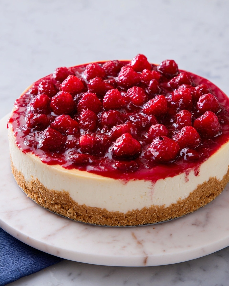 A three-layer round cheesecake on a white plate with a white marbled texture underneath; the bottom layer is a thick, crumbly golden-brown crust, the middle layer is smooth and creamy white cheesecake, and the top layer is a glossy, deep red raspberry sauce with whole raspberries scattered evenly across the surface, creating a fresh, juicy look; the edges of the cheesecake are clean and the colors contrast vividly. photo taken with an iphone --ar 4:5 --v 7