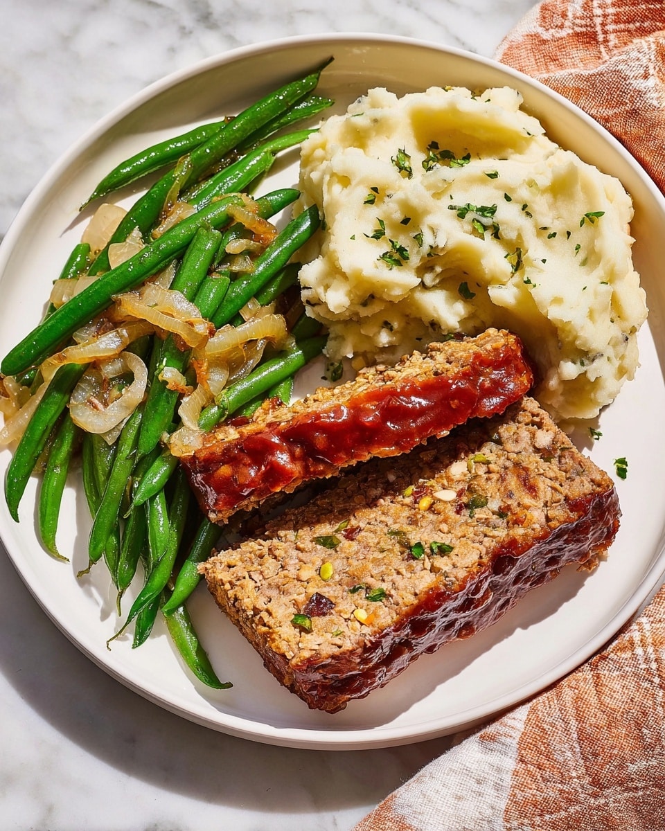 A white plate with three main sections: on the left, bright green cooked green beans mixed with caramelized light brown onions, in the center and front, two thick slices of golden brown meatloaf with a glazed top and visible small bits of vegetables inside, and on the right, a serving of creamy mashed potatoes with bits of green herbs scattered on top. The plate is placed on a white marbled surface, with a fabric napkin to the upper right corner. Photo taken with an iphone --ar 4:5 --v 7