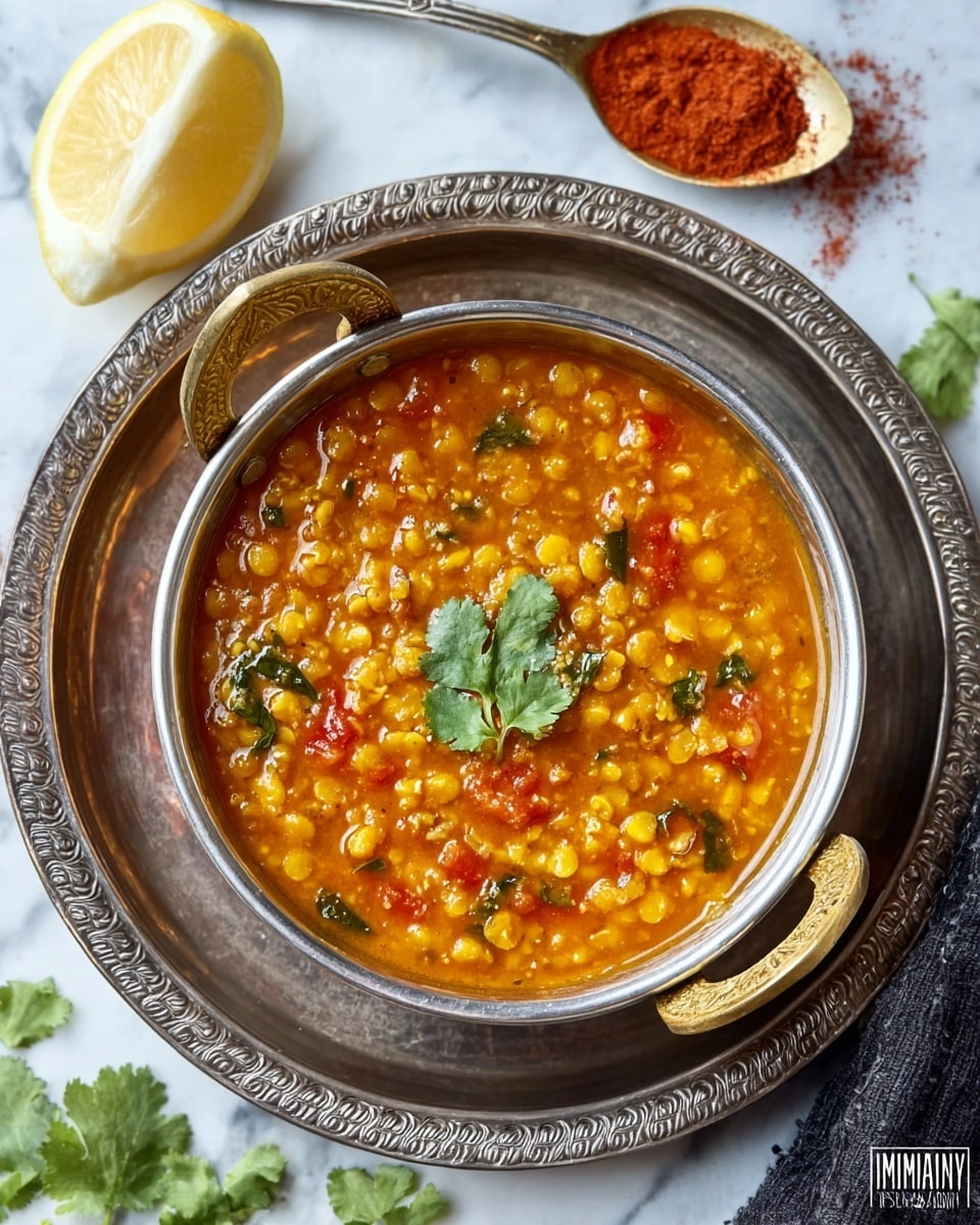 The image shows a silver bowl with two golden handles filled with a thick lentil stew, mostly yellow lentils mixed with red tomato chunks, and bits of green herbs on top and inside the stew. The stew has a smooth but chunky texture and a warm orange-brown color. A small sprig of fresh green cilantro rests on the center of the stew. The bowl is placed on a round metal tray with decorative edges, resting on a white marbled surface. To the left, there is a quarter of a lemon, and at the top, a silver spoon holds a heap of red spice powder with some sprinkled nearby. A few green cilantro leaves are scattered around the tray. photo taken with an iphone --ar 4:5 --v 7