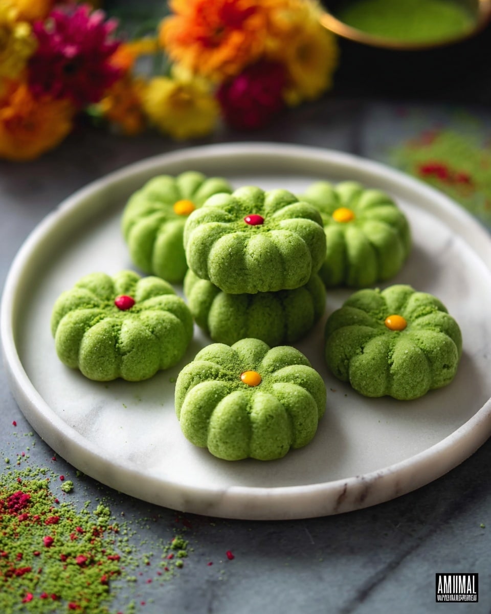 A round white plate holds seven green, flower-shaped sweets evenly spaced. Each sweet has a ridged texture with a small cluster of tiny colorful candy beads — red, yellow, and green — placed in the center. The plate sits on a dark wooden board, and in the background, there is a garland of bright red, orange, and yellow flowers slightly blurred. The overall look is vibrant with contrasting colors. photo taken with an iphone --ar 4:5 --v 7