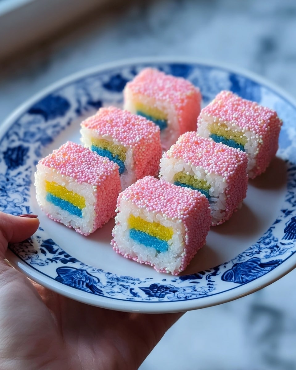 A close-up of eight small, square rolled sweets arranged in two rows on a white plate. Each piece has three layers: the outer layer is pink and covered with tiny round pastel sprinkles in white, yellow, orange, blue, and green, giving a rough, bumpy texture; the middle layer is smooth and white, wrapping the inner core, which is bright yellow and slightly translucent. The sweets have a soft, delicate appearance, and the focus highlights their texture and color contrast against the smooth white plate resting on a white marbled surface. photo taken with an iphone --ar 4:5 --v 7