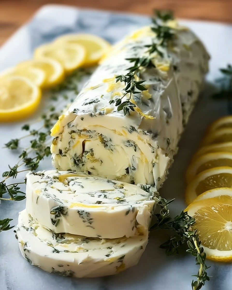 A rolled dessert with three visible layers sits on a wooden board. The outer layer is smooth and light yellow, slightly glossy with small green herb leaves and thin yellow zest strands sprinkled on top. The middle layer is white and creamy with a soft texture, also mixed with small green herb pieces and yellow zest inside. On the board around the roll, there are lemon halves and fresh green herb sprigs, all against a white marbled textured surface. Photo taken with an iphone --ar 4:5 --v 7