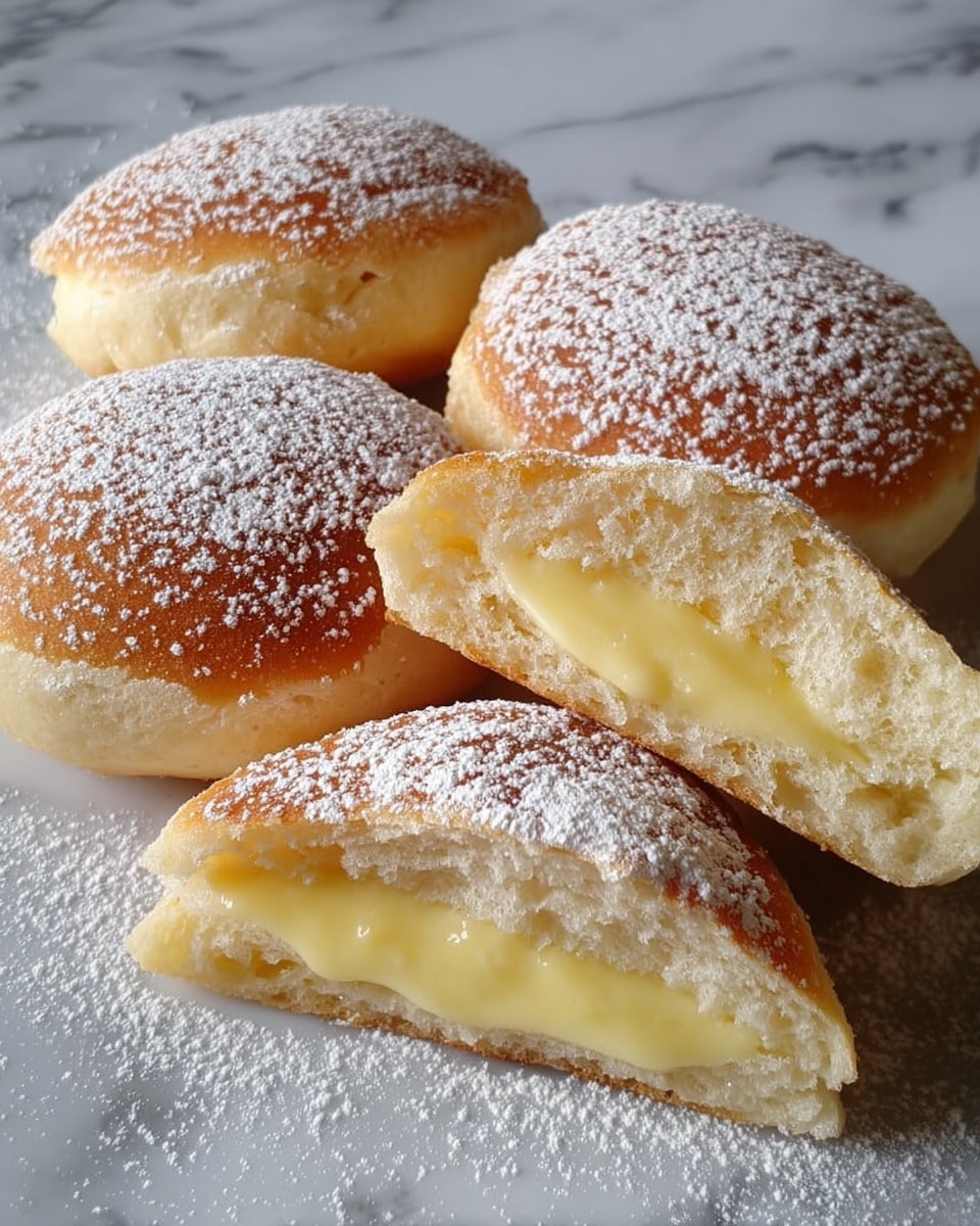 The image shows three round pastries placed on a black tray with a white marbled background. Two of the pastries are whole, covered with a light dusting of powdered sugar, giving a soft white texture on top. The third pastry is cut in half, revealing two layers inside: the outer layer is a soft, light golden-brown dough, and the inside is filled with a thick creamy yellow custard. The top surfaces of the pastries have a slight brown tint around the edges, adding a baked look. Photo taken with an iphone --ar 4:5 --v 7