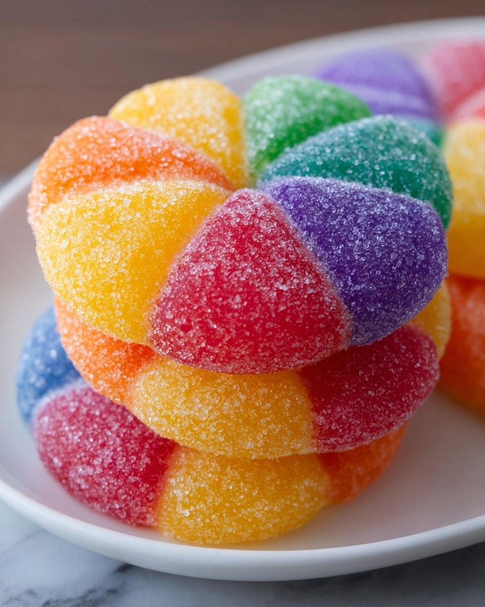 The image shows a stack of five soft, sugar-coated cookies arranged in layers on a white plate with a colorful pattern. The top cookie is partially bitten, revealing a soft texture inside and a gradient of colors from pink at the edges, to orange in the middle, and a green ring near the center. Below it are two pink cookies, then a bright yellow cookie in the middle, and another pink cookie at the bottom, all with coarse sugar crystals sparkling on their surfaces. The background is a white marbled texture. Photo taken with an iphone --ar 4:5 --v 7