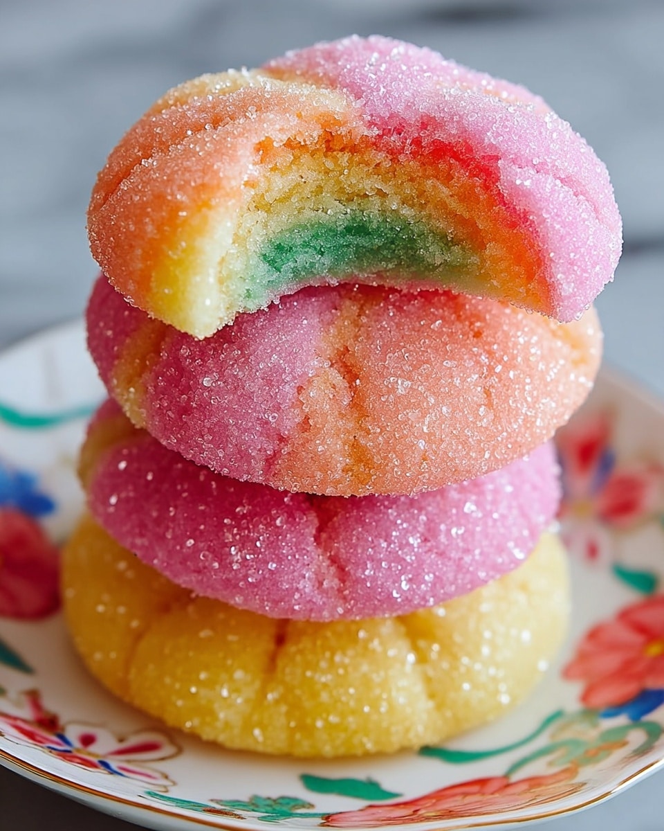 A close-up image showing a stack of three round, sugar-coated soft candies shaped like flower petals, each candy divided into colorful segments. The top candy has six segments colored in yellow, orange, red, purple, blue, and green, arranged in a circle with a rough sugar texture. Below it, there is a candy with orange and yellow segments, and the bottom candy has red and orange segments. The candies are placed on a white plate on a white marbled surface, creating a bright and playful look. photo taken with an iphone --ar 4:5 --v 7