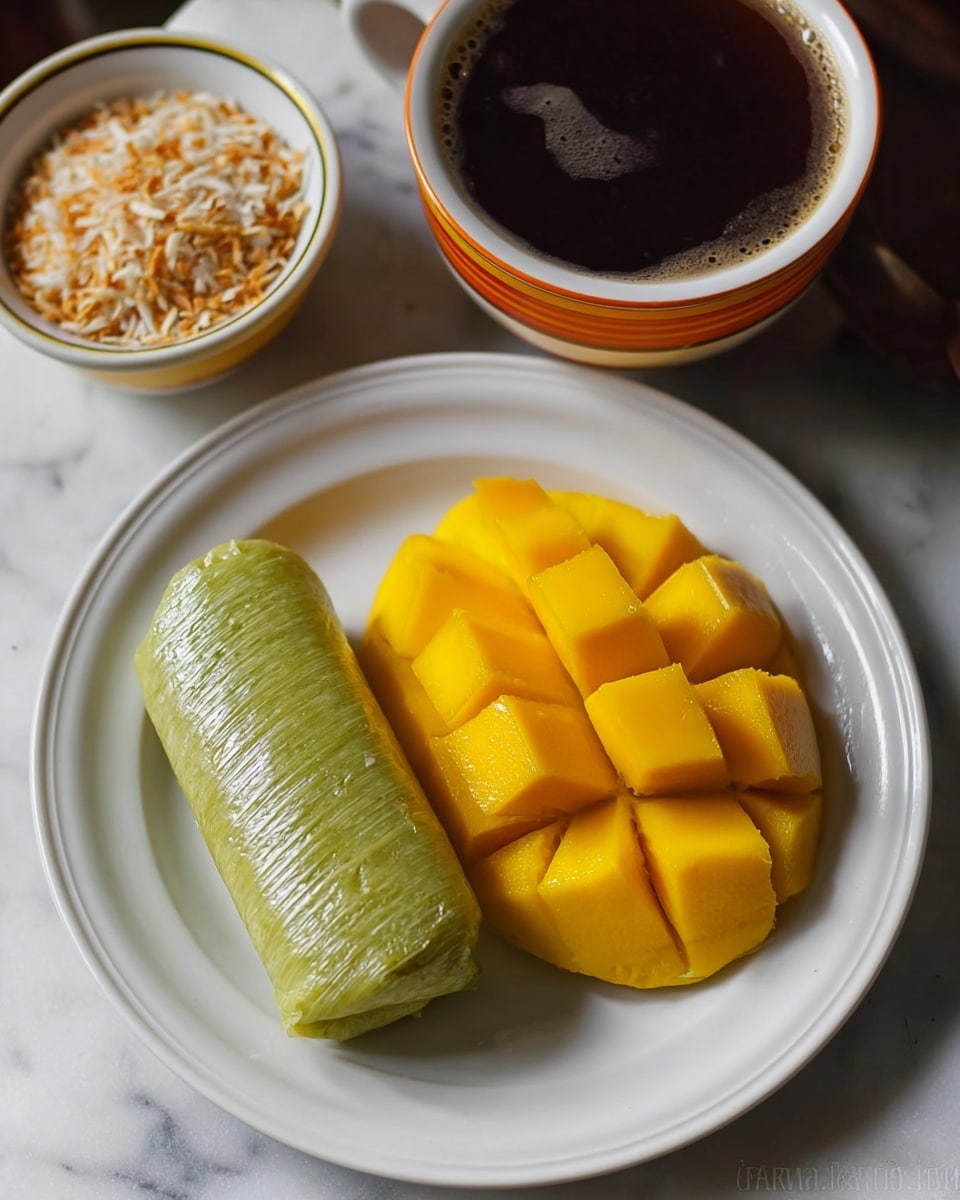 The dish shows two main parts on a white plate set on a white marbled surface. On the right side, there is a bright yellow mango cut into large cubes, still attached to its skin, creating a layered grid pattern with a smooth and juicy texture. On the left side, there is a mound of sticky rice shaped like an elongated oval, with a slightly shiny and moist surface, light green in color. The bright colors of the mango and the soft texture of the sticky rice create a simple, clean, and inviting presentation. Photo taken with an iphone --ar 4:5 --v 7