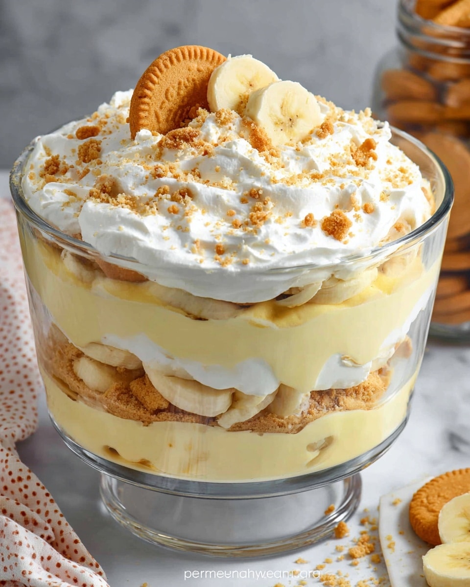 A tall clear glass bowl filled with a layered banana pudding dessert, showing about five layers. Starting with a bottom layer of light golden crushed cookies mixed with pale cream pudding, followed by a creamy yellow pudding layer. Next there is a layer of sliced bananas, then another smooth pudding layer, with more crushed cookies underneath. The top layer is thick white whipped cream with crushed cookie pieces sprinkled over and a whole golden cookie along with banana slices as garnish. The dessert sits on a white marbled surface with a jar of more cookies in the background. photo taken with an iphone --ar 4:5 --v 7
