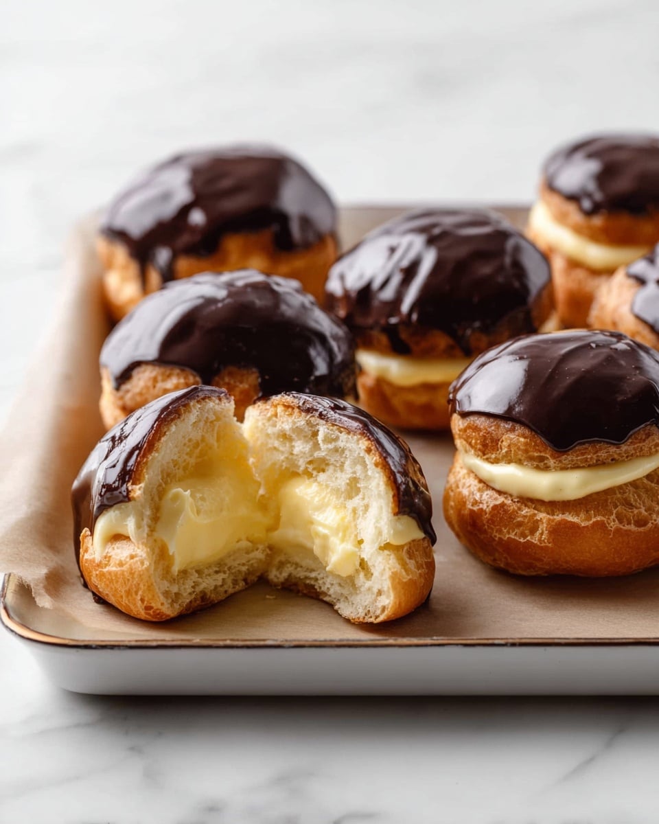 The image shows a tray with six round cream puffs. Each puff has a golden brown base layer with a soft and fluffy texture. The top of each puff is covered in a thick, shiny dark chocolate glaze. One cream puff is cut in half, revealing a creamy light yellow custard filling inside. The tray is white and sits on a white marbled surface. Photo taken with an iphone --ar 4:5 --v 7